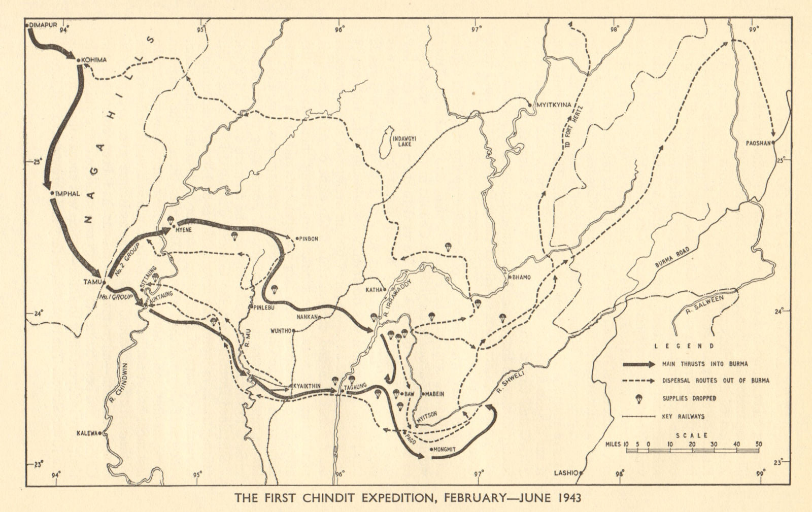 1st Chindit Expedition, February-June 1943. World War 2. Burma Myanmar 1954 map